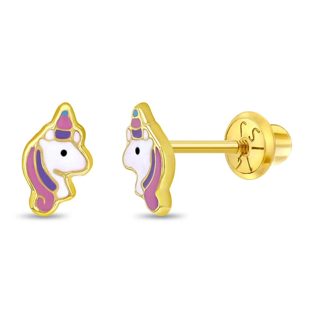 14k Gold Pastel Unicorn Baby / Toddler / Kids Earrings Safety Screw Back Enamel