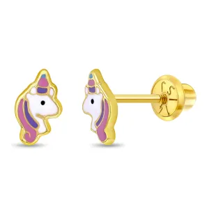 14k Gold Pastel Unicorn Baby / Toddler / Kids Earrings Safety Screw Back Enamel