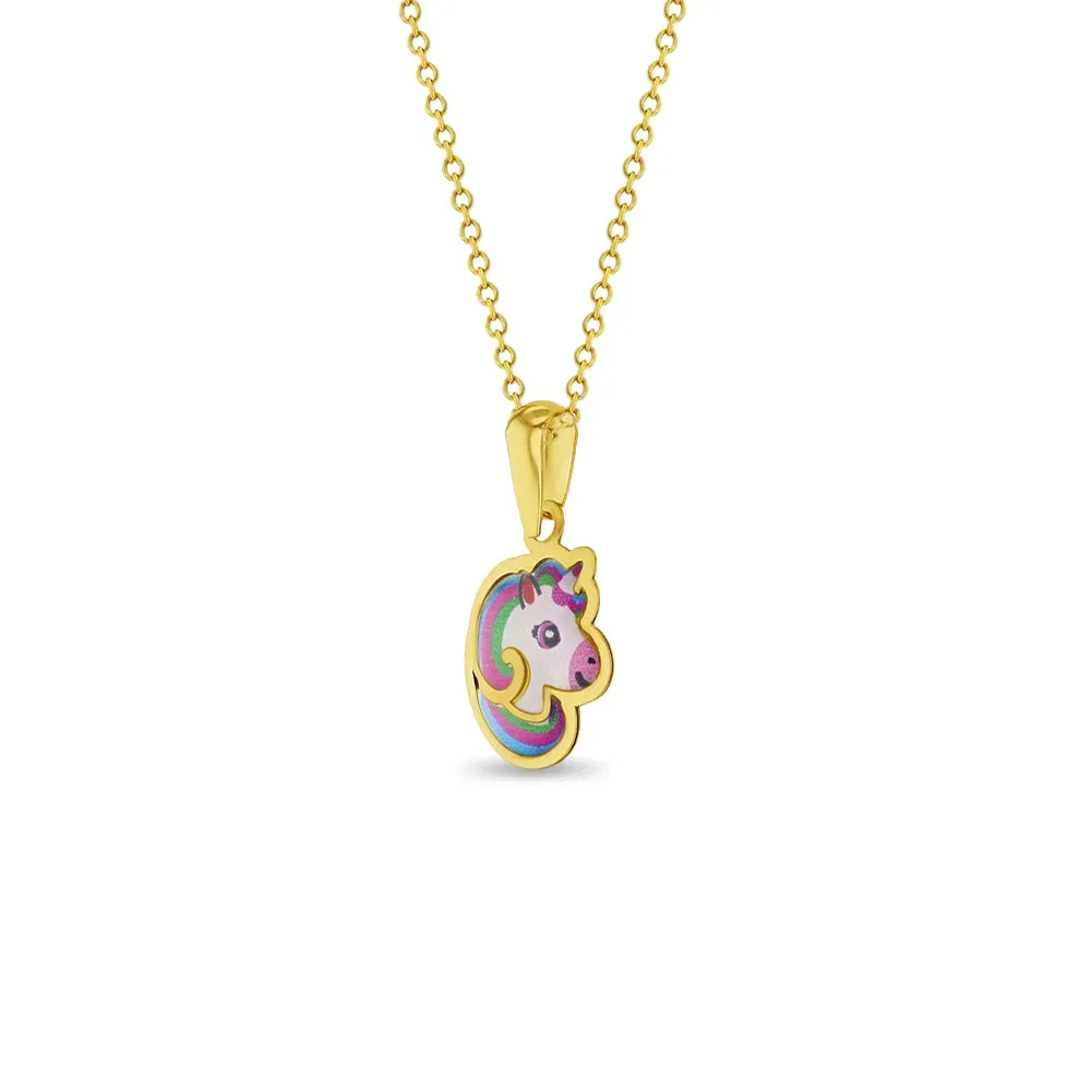 14k Gold Rainbow Unicorn Portrait Baby / Toddler / Kids Pendant/Necklace Enamel