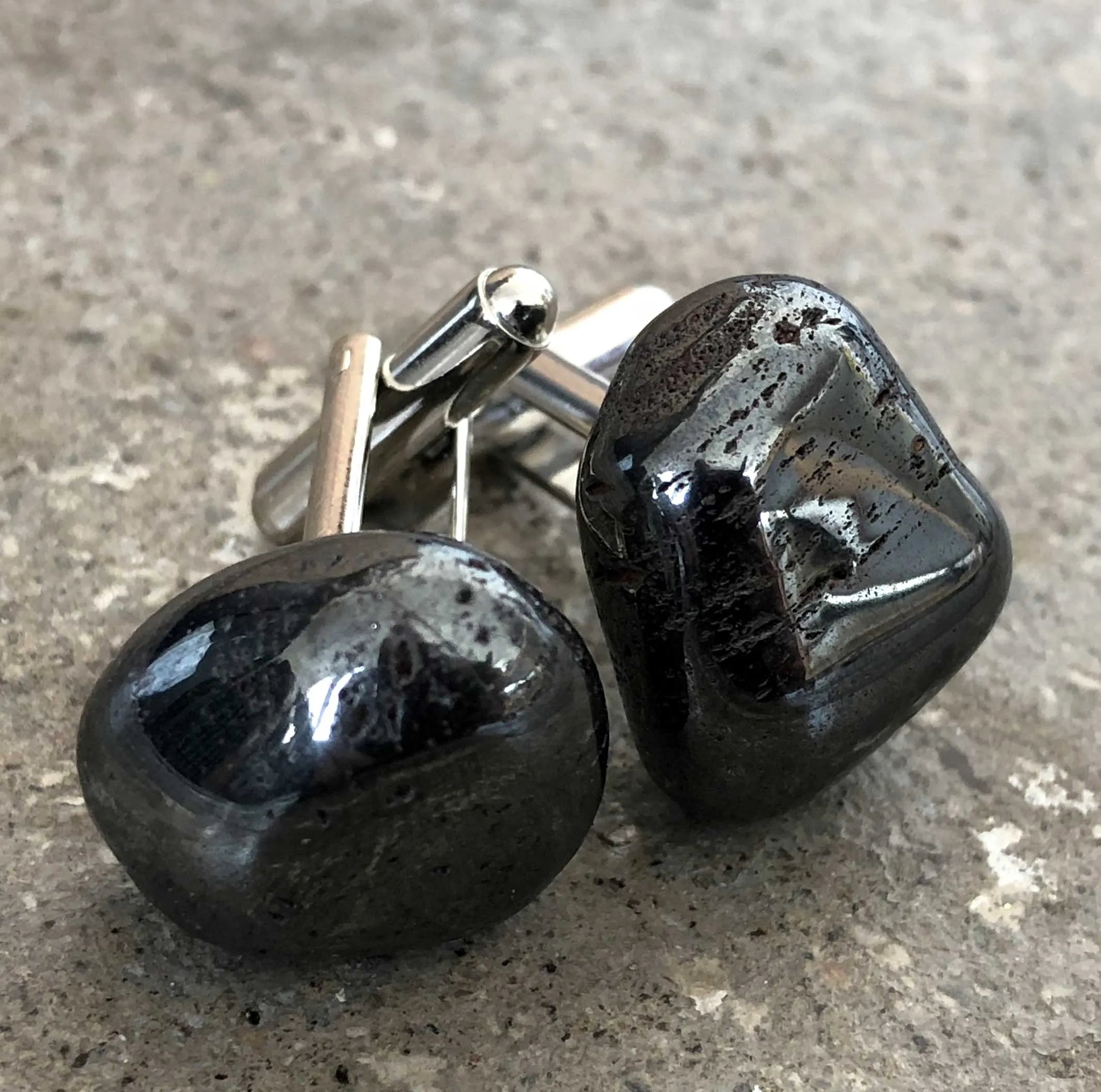 Hematite Cufflinks, tumbled stone cuff links