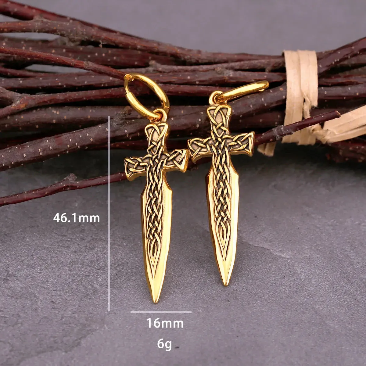 Hip Hop Punk Style Golden Warrior Sword Drop Viking Earrings