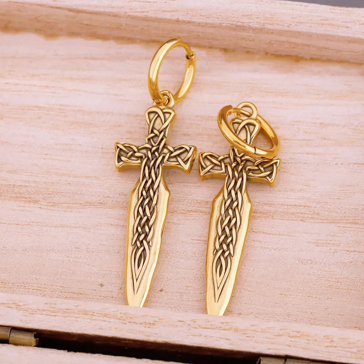 Hip Hop Punk Style Golden Warrior Sword Drop Viking Earrings