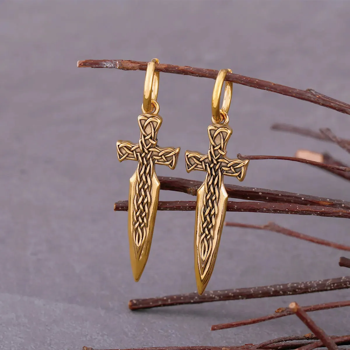 Hip Hop Punk Style Golden Warrior Sword Drop Viking Earrings