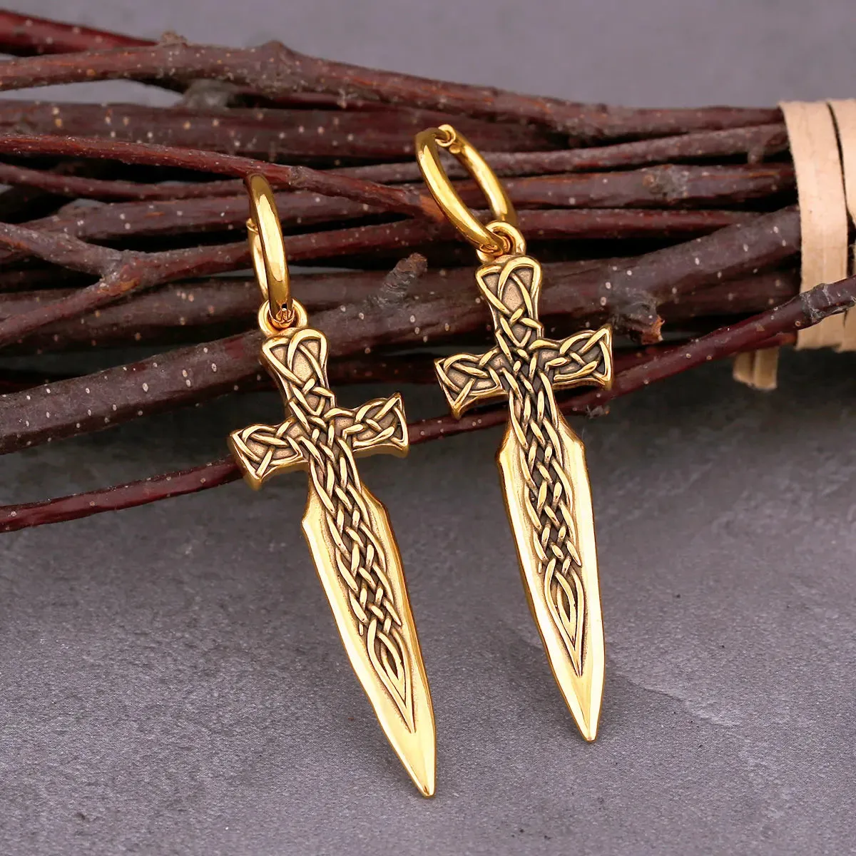 Hip Hop Punk Style Golden Warrior Sword Drop Viking Earrings