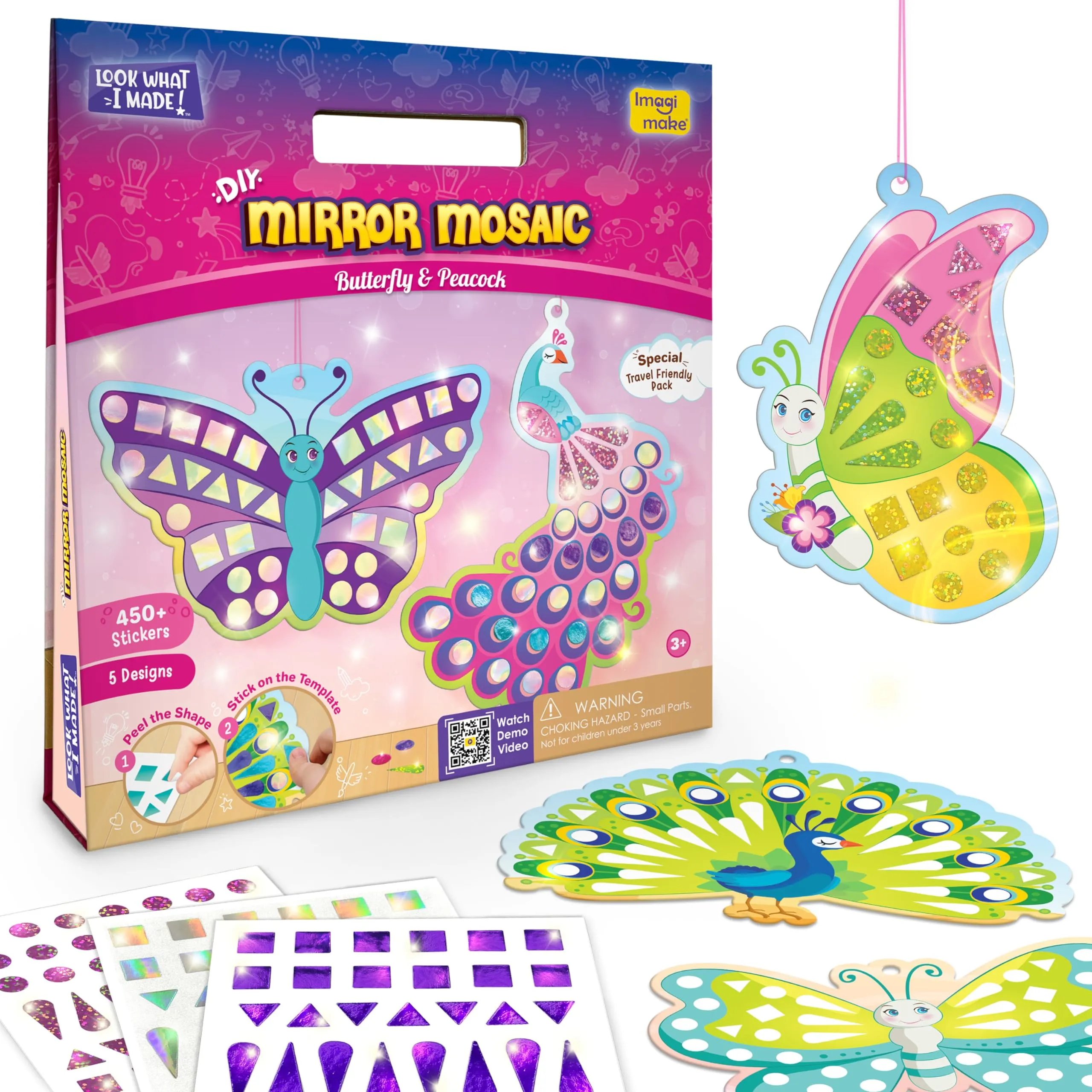 Imagimake Mirror Mosaic : Butterfly & Peacock | Mess Free Diy Mosaic Craft Kit | 450  Foil Sticker | Travel Toys For Girls | Birthday Gift For Girls Ages 3,4,5,6,7,8, Peach