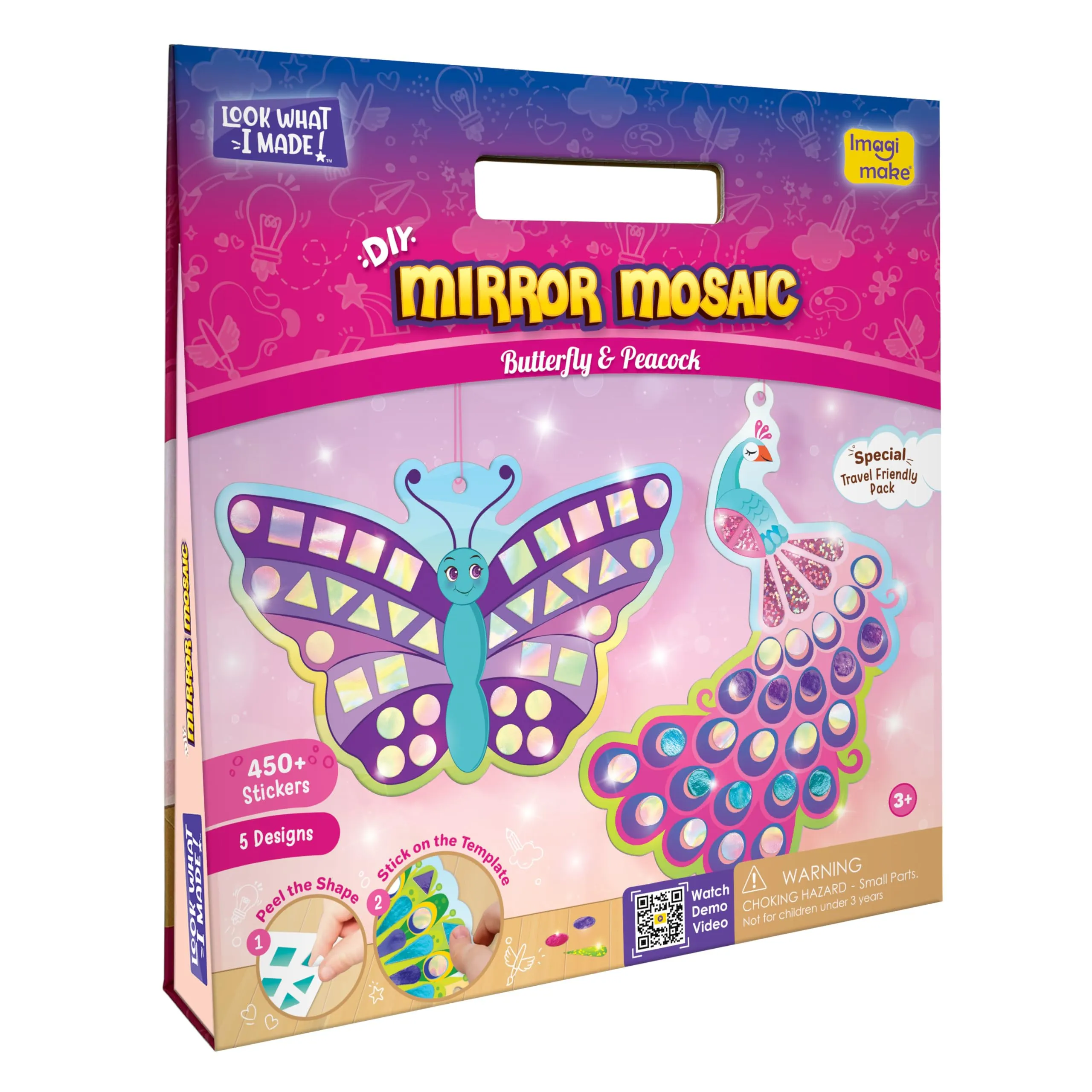 Imagimake Mirror Mosaic : Butterfly & Peacock | Mess Free Diy Mosaic Craft Kit | 450  Foil Sticker | Travel Toys For Girls | Birthday Gift For Girls Ages 3,4,5,6,7,8, Peach