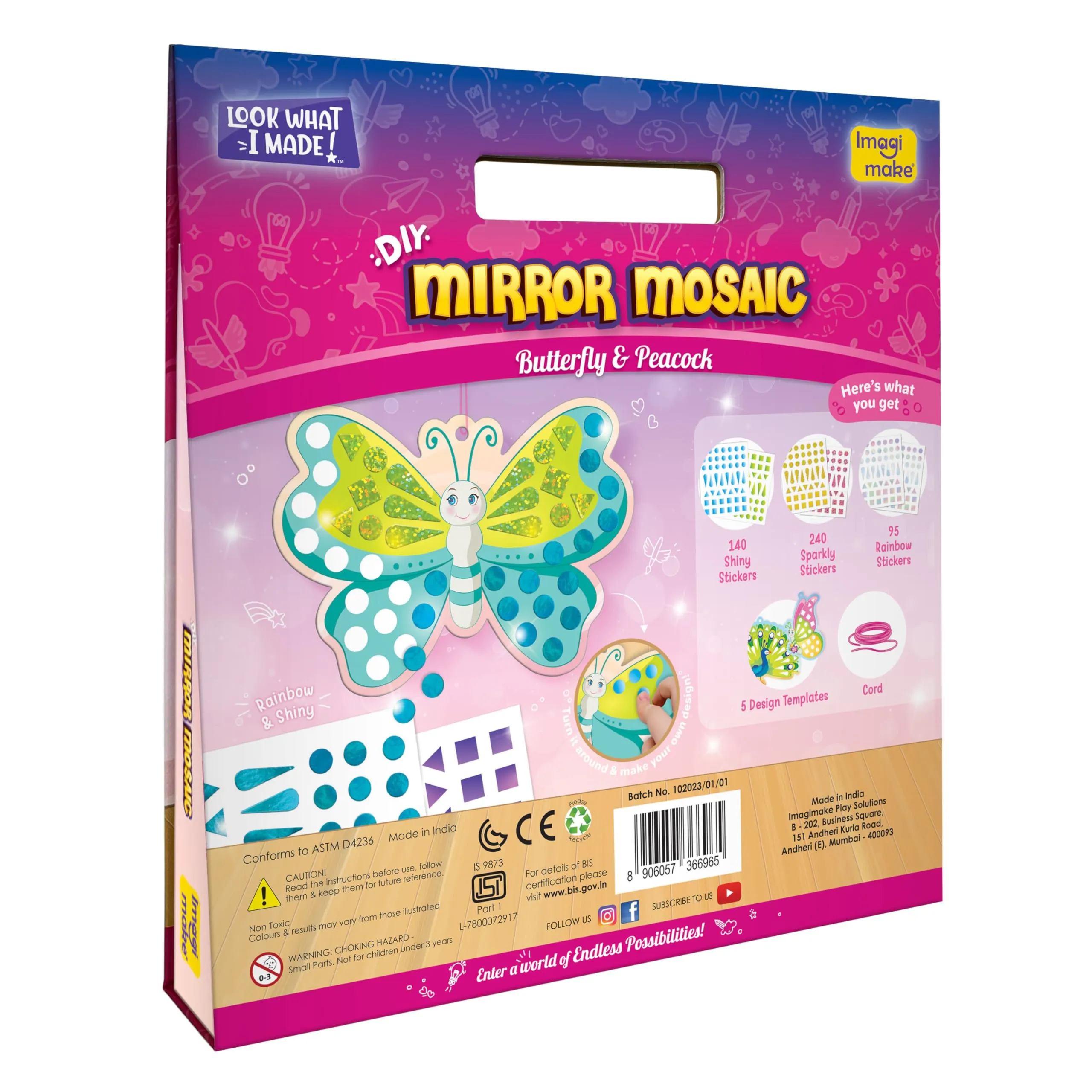 Imagimake Mirror Mosaic : Butterfly & Peacock | Mess Free Diy Mosaic Craft Kit | 450  Foil Sticker | Travel Toys For Girls | Birthday Gift For Girls Ages 3,4,5,6,7,8, Peach