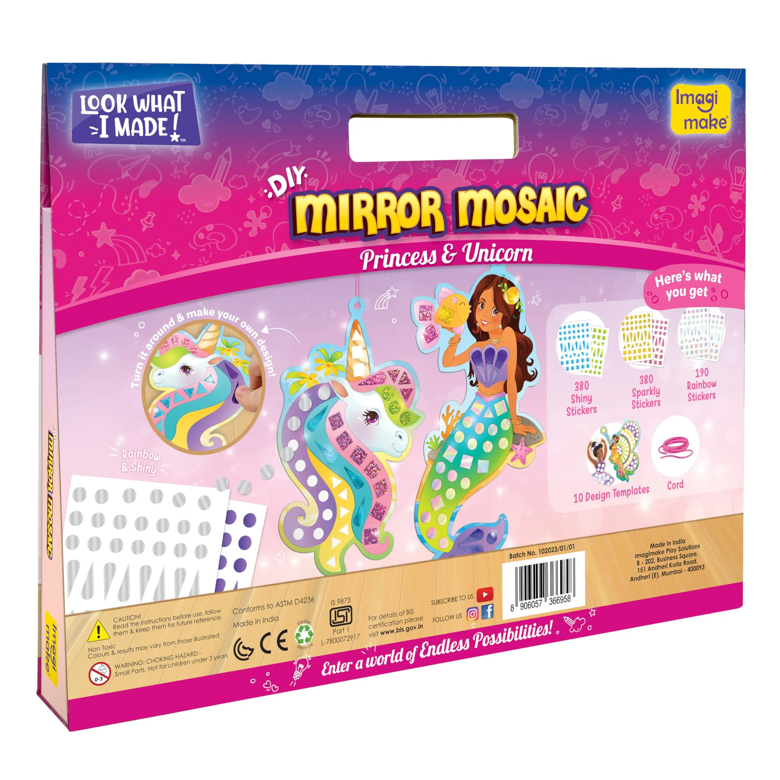 Imagimake Mirror Mosaic : Princess & Unicorn | Mess Free Diy Mosaic Craft Kit | 950  Foil Sticker | Travel Toys For Girls | Birthday Gift For Girls Ages 3,4,5,6,7,8, Pink