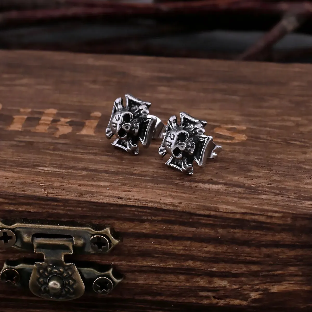 Vintage Cross Skull Stud Viking Earrings